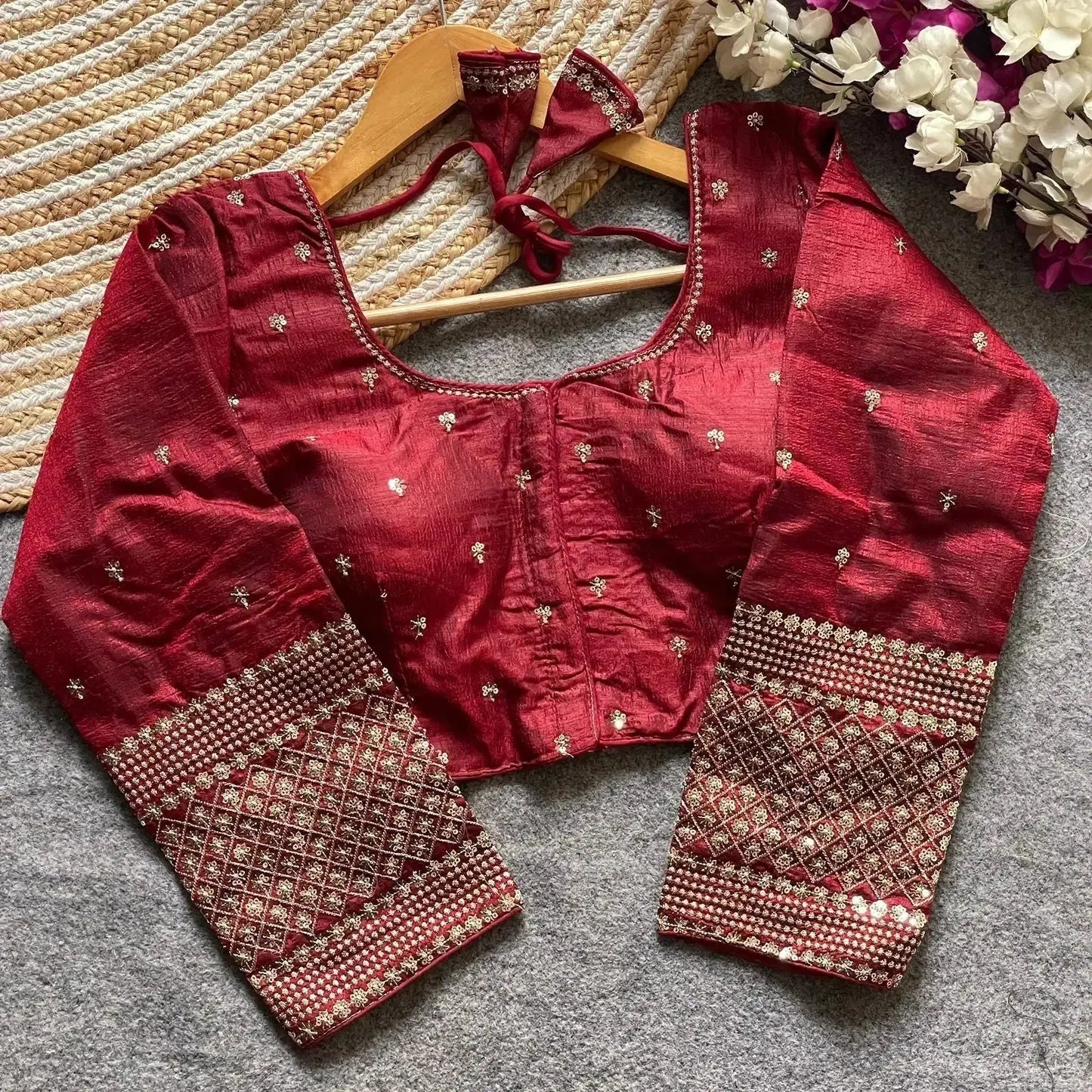 simple embroidery designs for blouse – red silk blouse with elegant handwork sleeves - rpd fashion