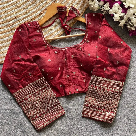 Simple Embroidery Designs for Blouse – Red Silk Blouse with Elegant Handwork Sleeves - RPD Fashion