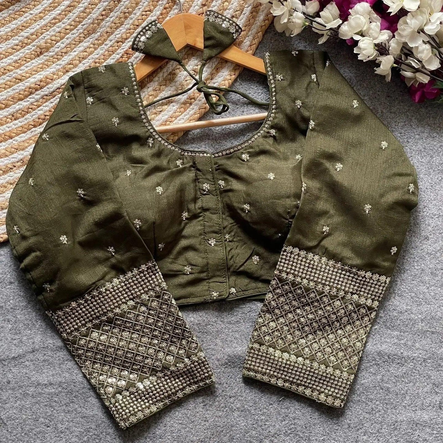 simple embroidery designs for blouse – red silk blouse with elegant handwork sleeves - rpd fashion