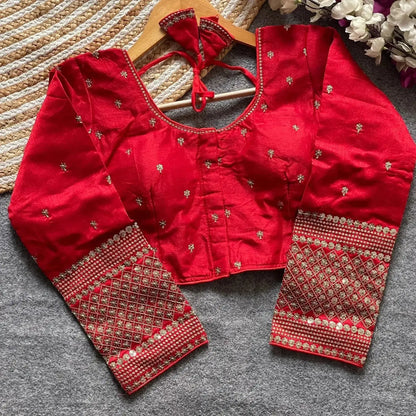 Simple Embroidery Designs for Blouse – Red Silk Blouse with Elegant Handwork Sleeves - RPD Fashion