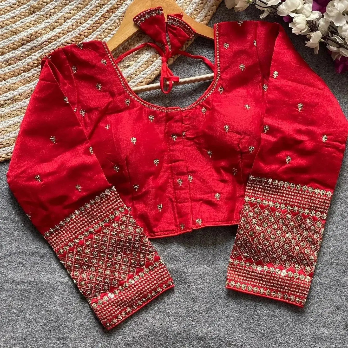 simple embroidery designs for blouse – red silk blouse with elegant handwork sleeves - rpd fashion