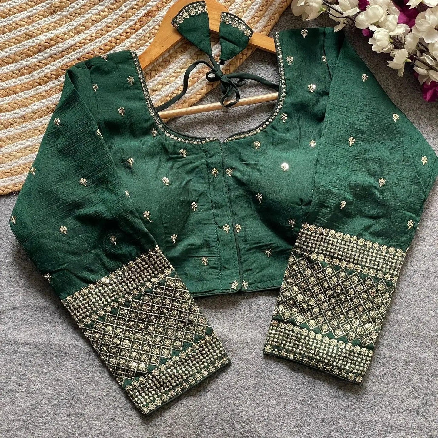 simple embroidery designs for blouse – red silk blouse with elegant handwork sleeves - rpd fashion