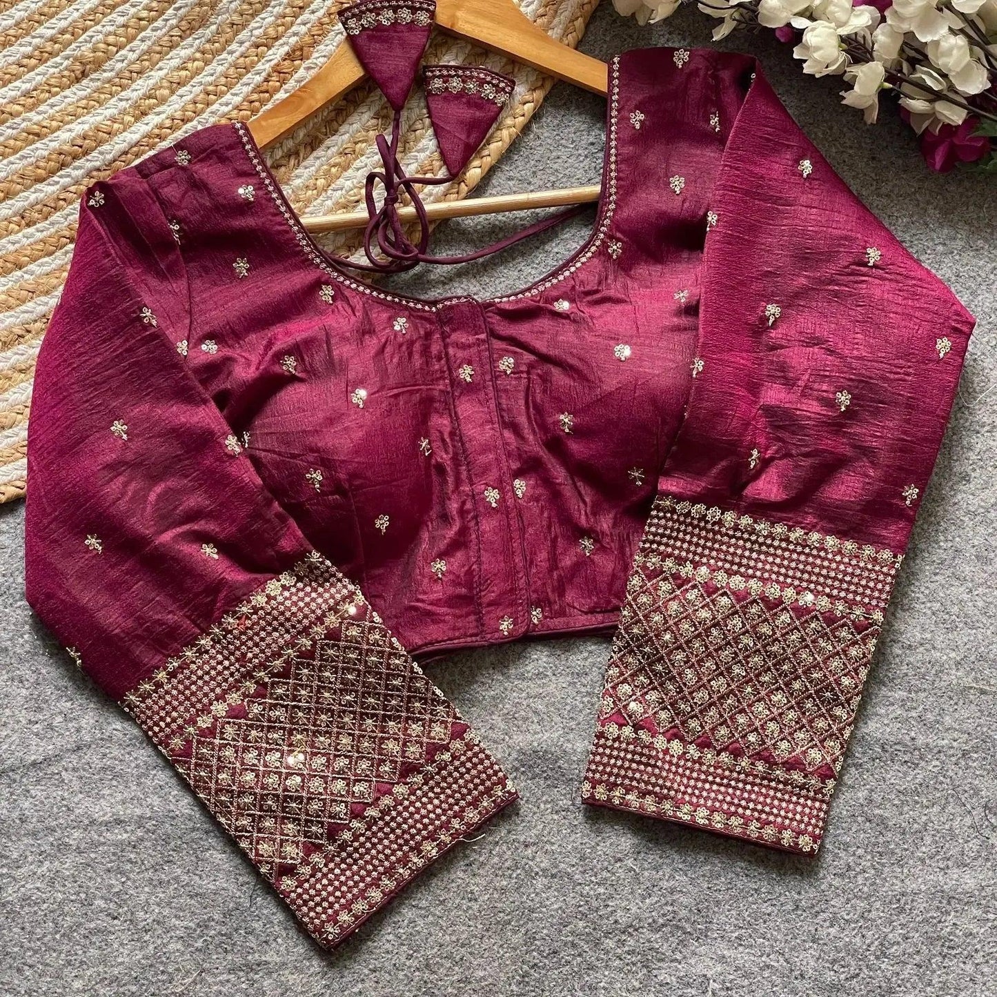 simple embroidery designs for blouse – red silk blouse with elegant handwork sleeves - rpd fashion