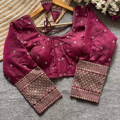 Simple Embroidery Designs for Blouse – Red Silk Blouse with Elegant Handwork Sleeves - RPD Fashion