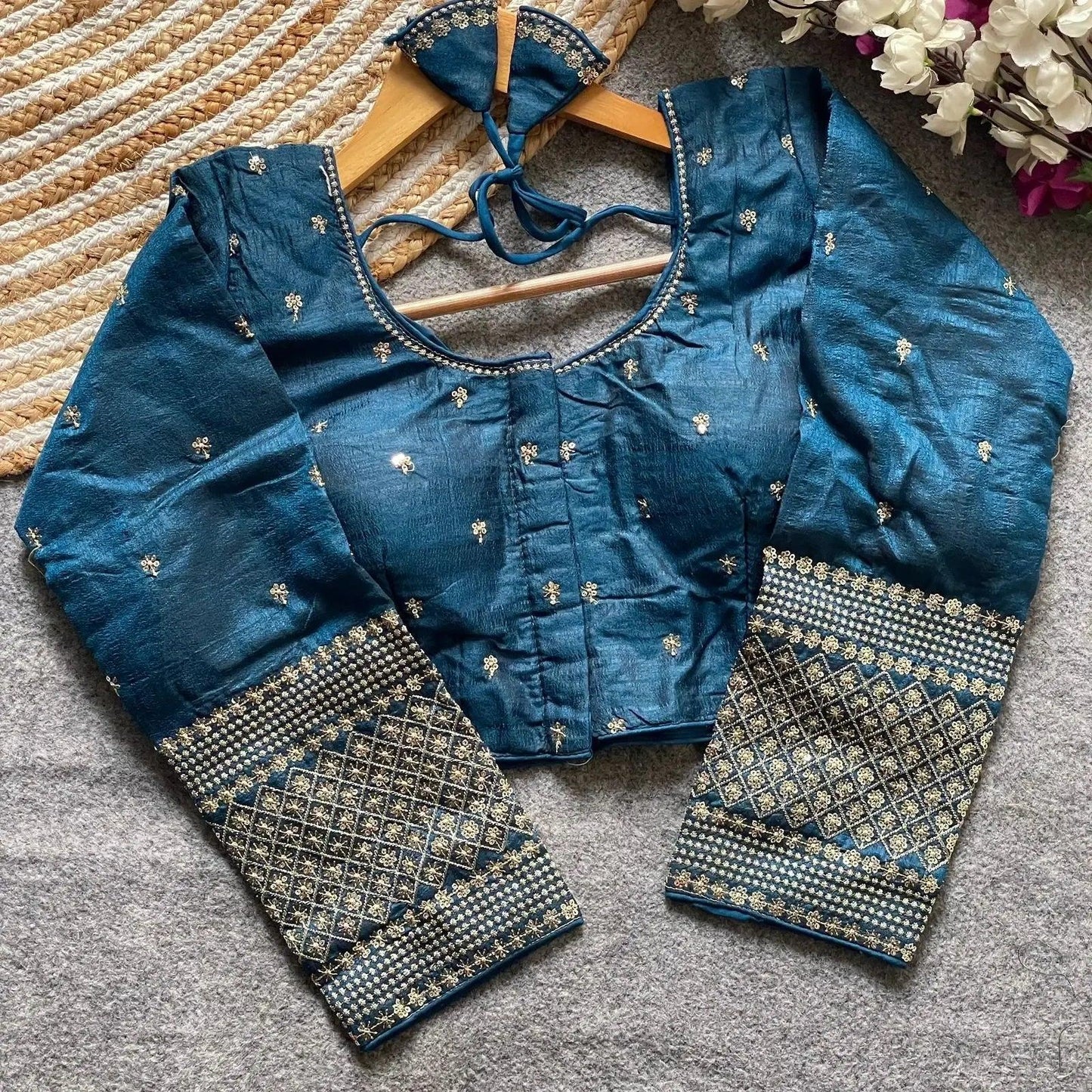 simple embroidery designs for blouse – red silk blouse with elegant handwork sleeves - rpd fashion