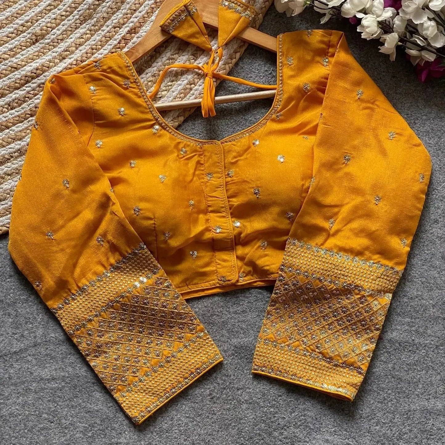 simple embroidery designs for blouse – red silk blouse with elegant handwork sleeves - rpd fashion