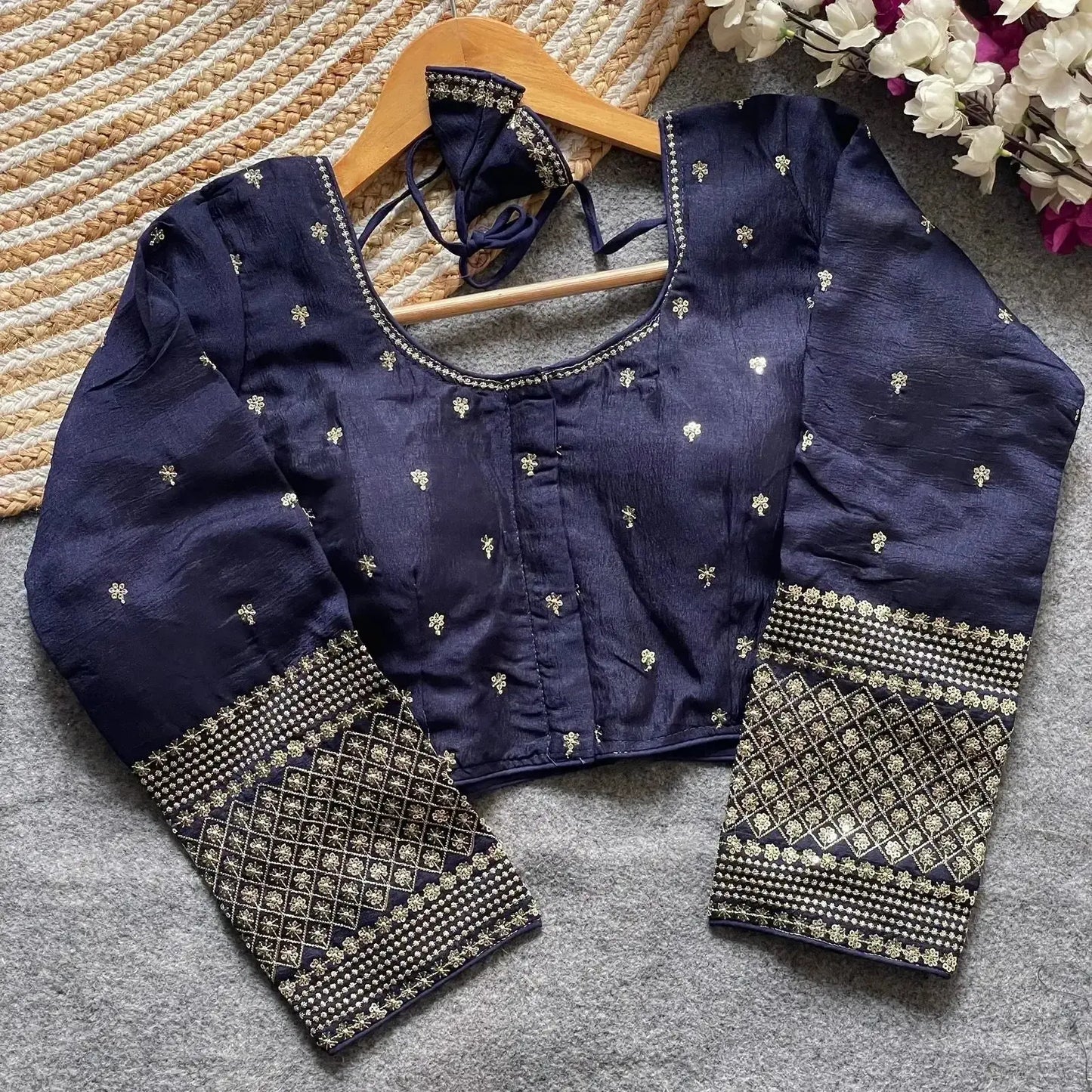 simple embroidery designs for blouse – red silk blouse with elegant handwork sleeves - rpd fashion