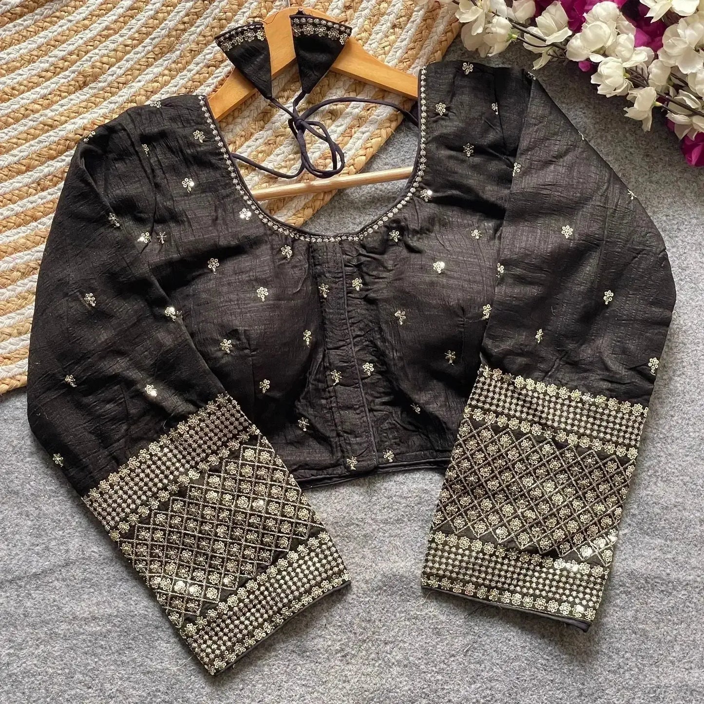 simple embroidery designs for blouse – red silk blouse with elegant handwork sleeves - rpd fashion