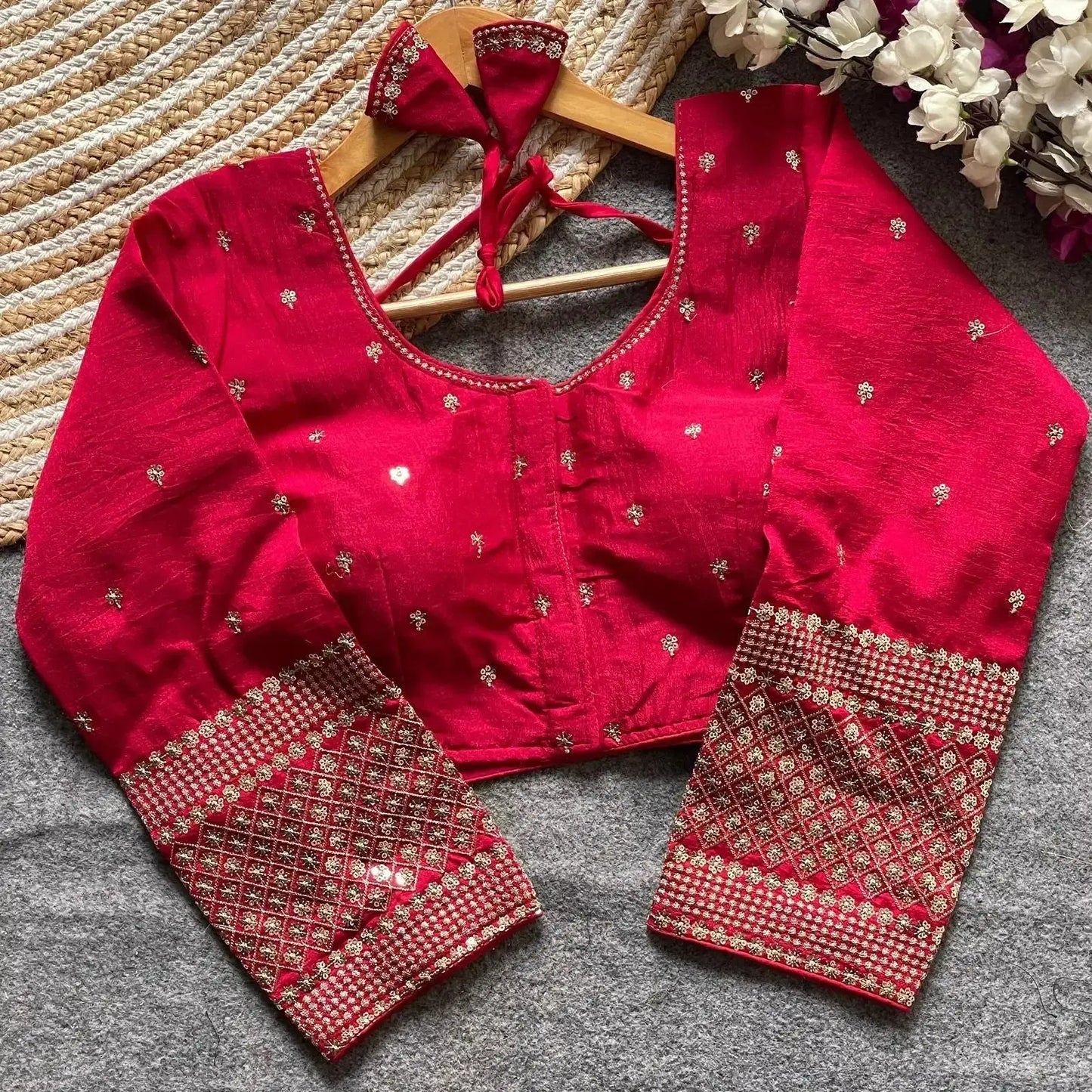 simple embroidery designs for blouse – red silk blouse with elegant handwork sleeves - rpd fashion