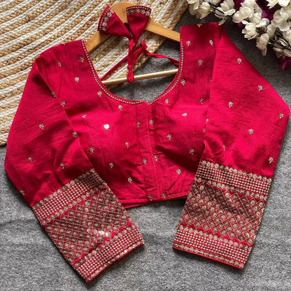 Simple Embroidery Designs for Blouse – Red Silk Blouse with Elegant Handwork Sleeves - RPD Fashion