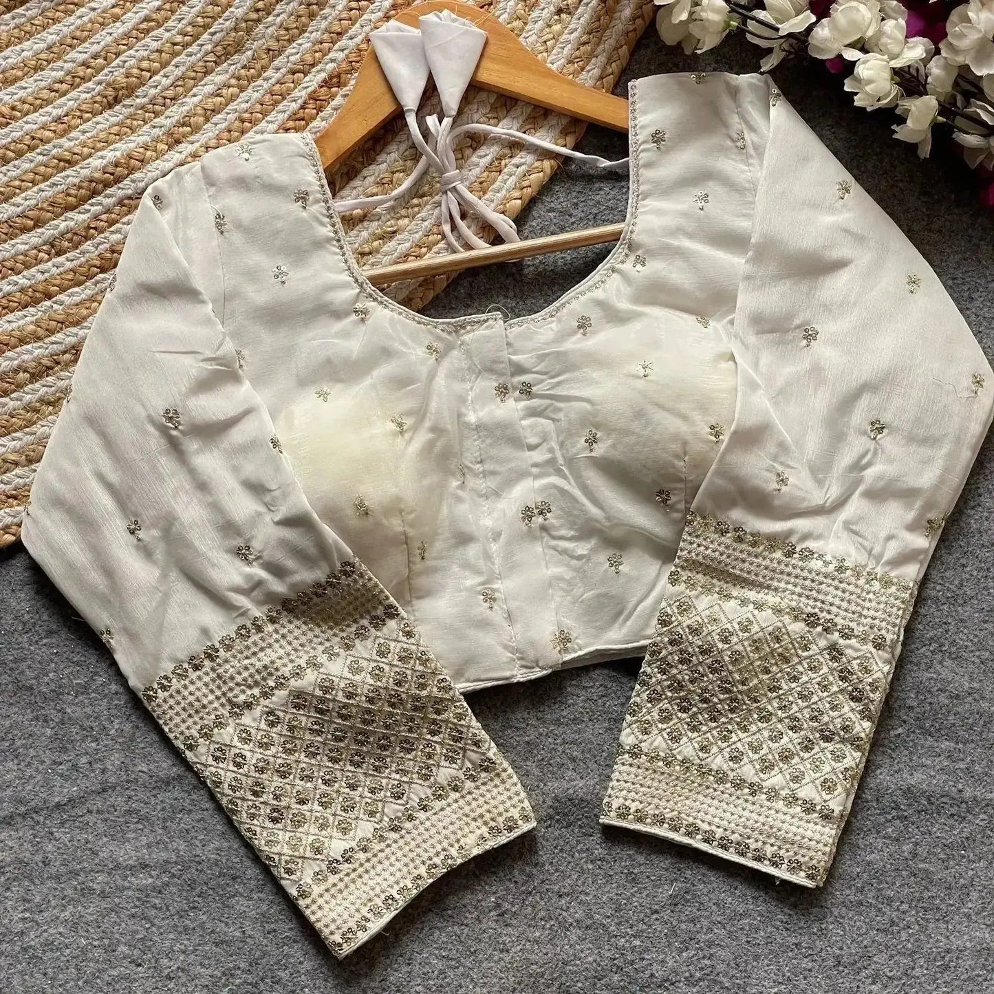 simple embroidery designs for blouse – red silk blouse with elegant handwork sleeves - rpd fashion