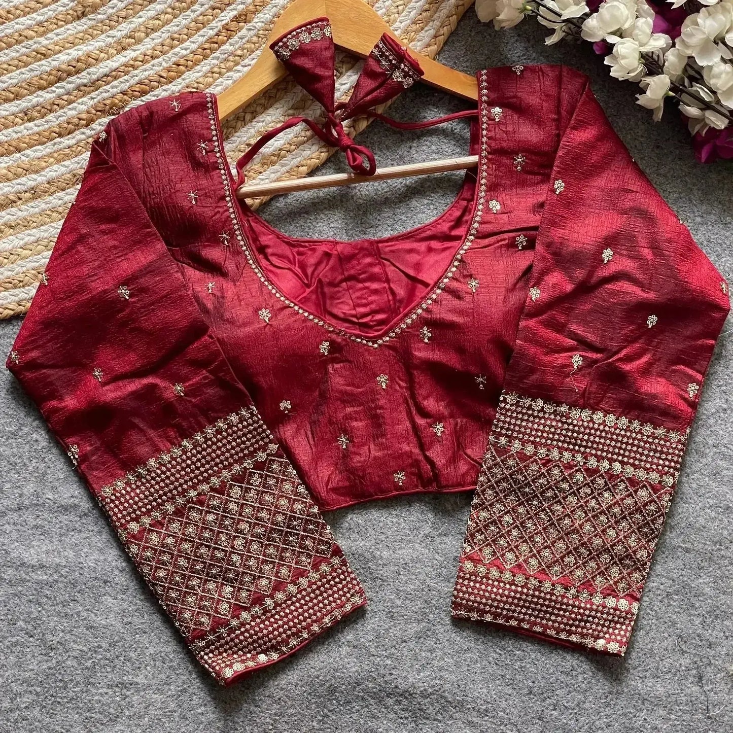 simple embroidery designs for blouse – red silk blouse with elegant handwork sleeves - rpd fashion