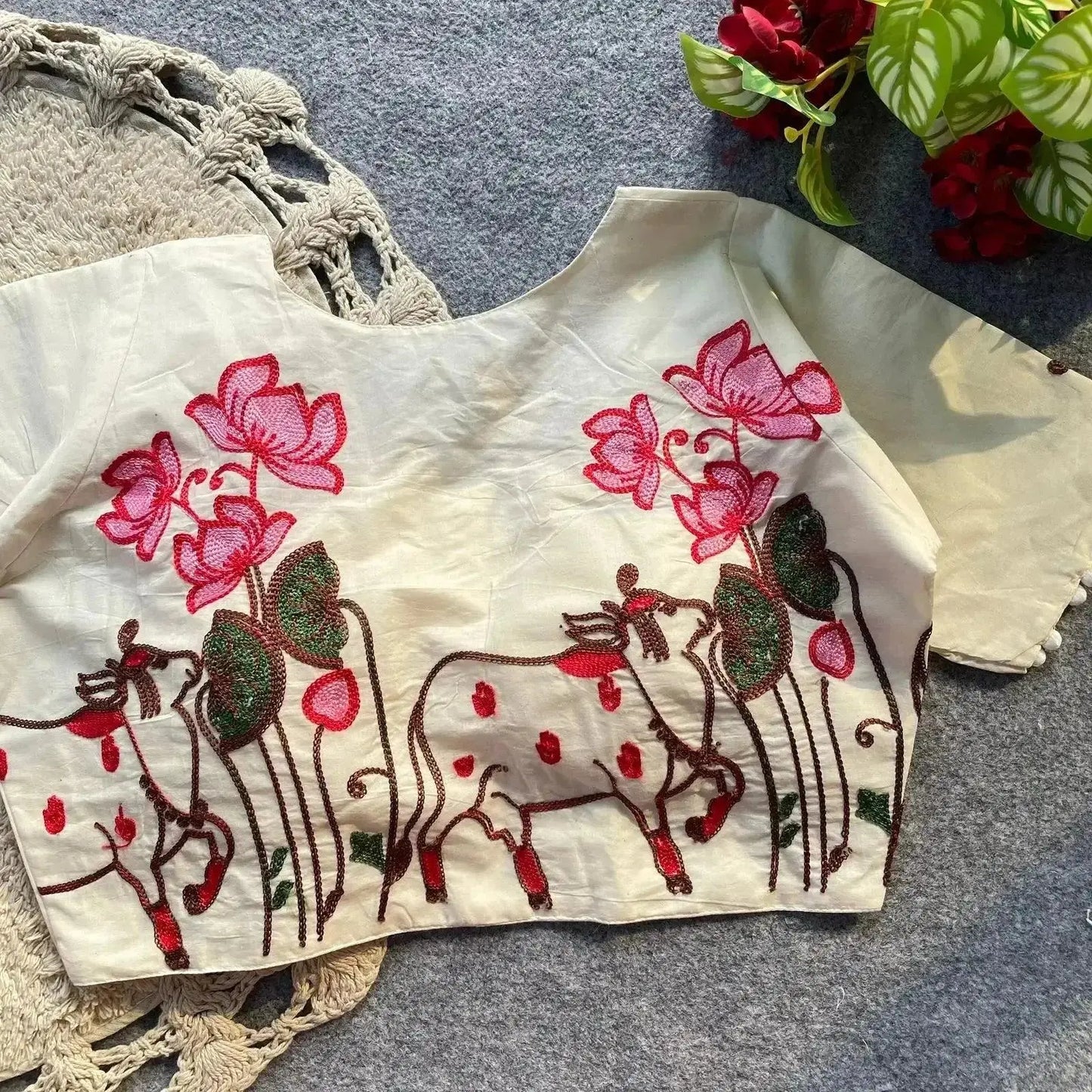 soft pure khadi cotton blouse with colorful thread work - rpd fashion