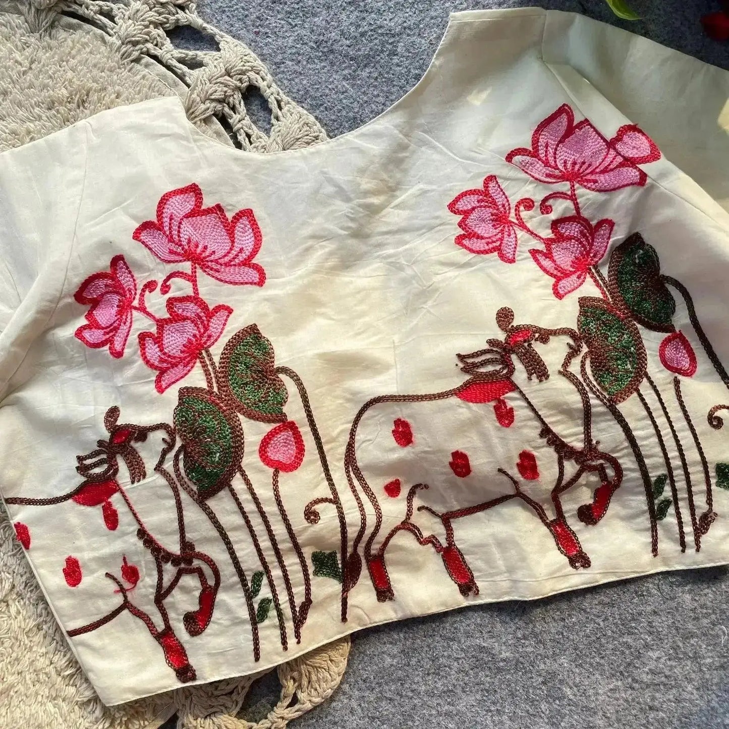 soft pure khadi cotton blouse with colorful thread work - rpd fashion
