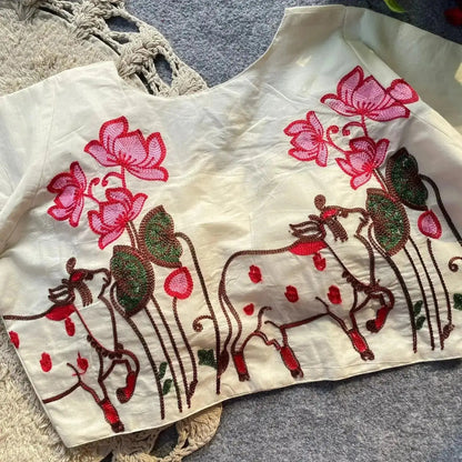 Soft Pure Khadi Cotton Blouse with Colorful Thread Work - RPD Fashion