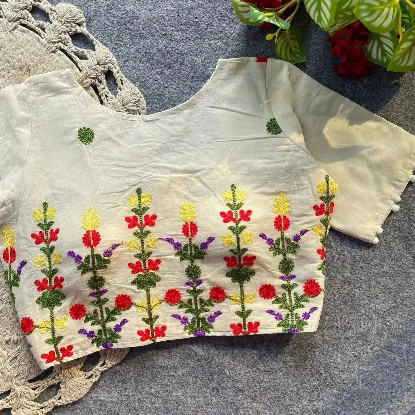 soft pure khadi cotton blouse with colorful thread work - rpd fashion