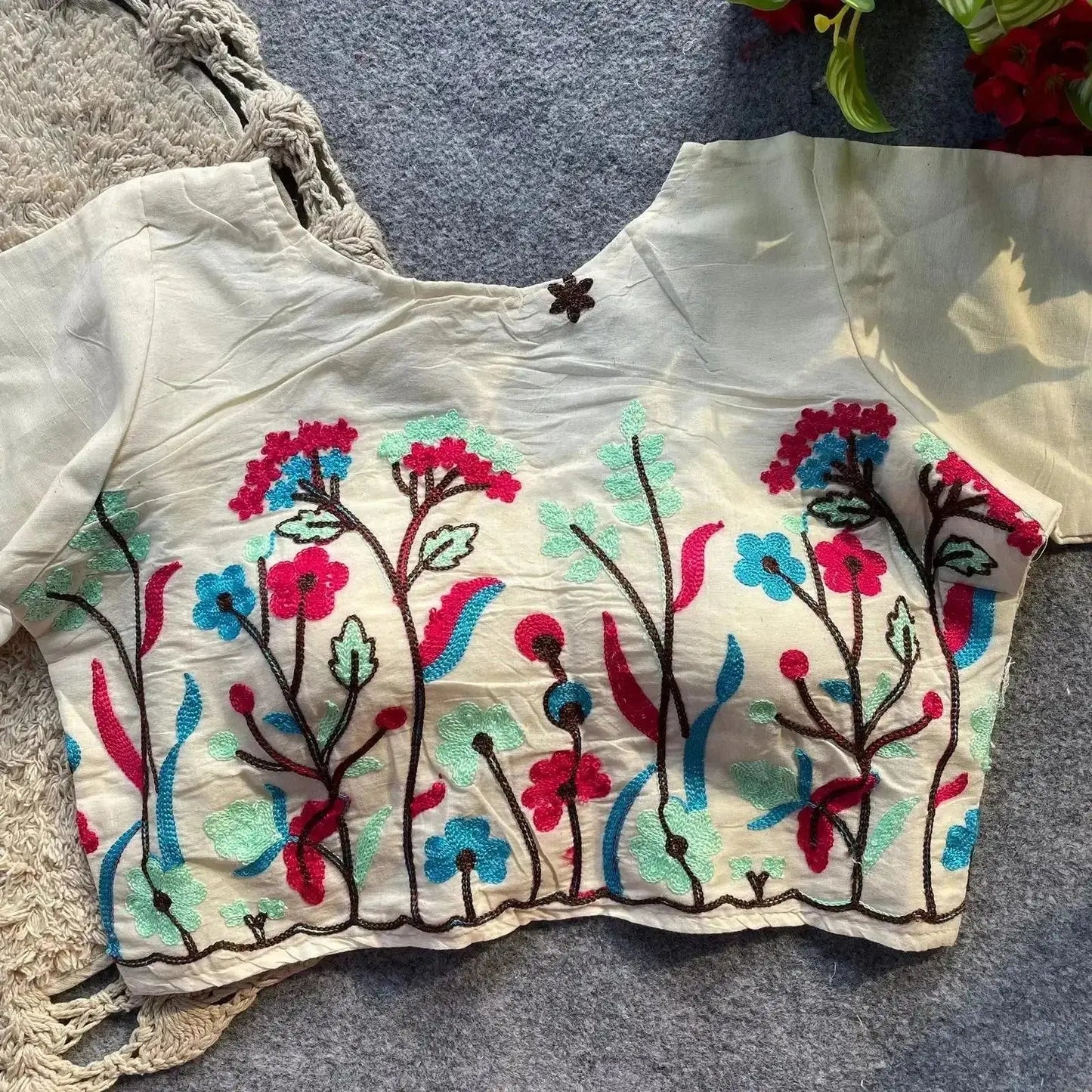 soft pure khadi cotton blouse with colorful thread work - rpd fashion