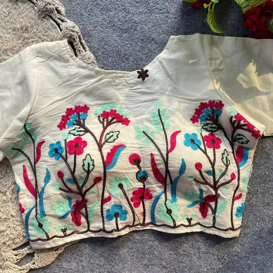 Soft Pure Khadi Cotton Blouse with Colorful Thread Work - RPD Fashion