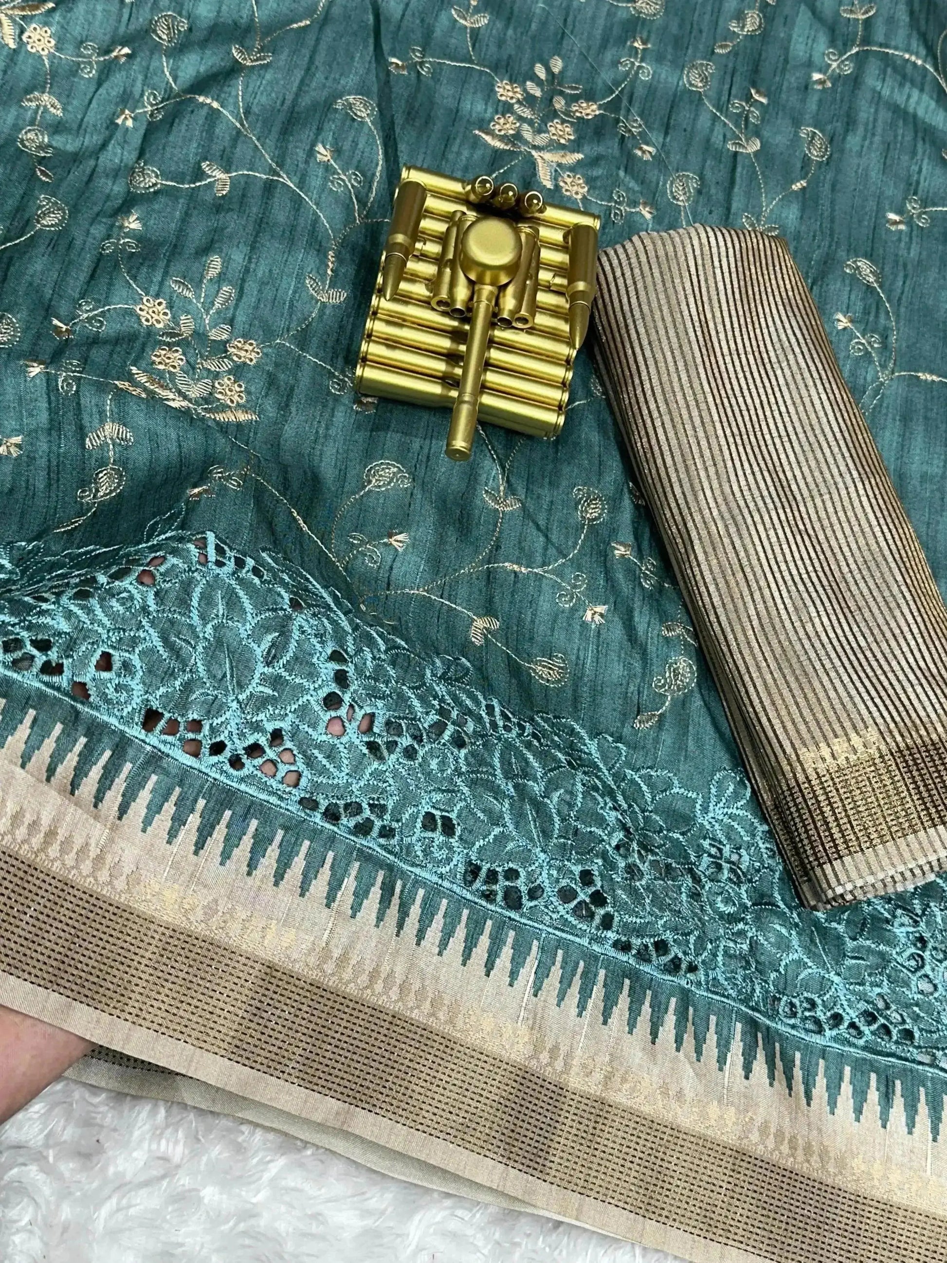Stunning Tussar Cotton Saree with Embroidery & Zari Border - RPD Fashion