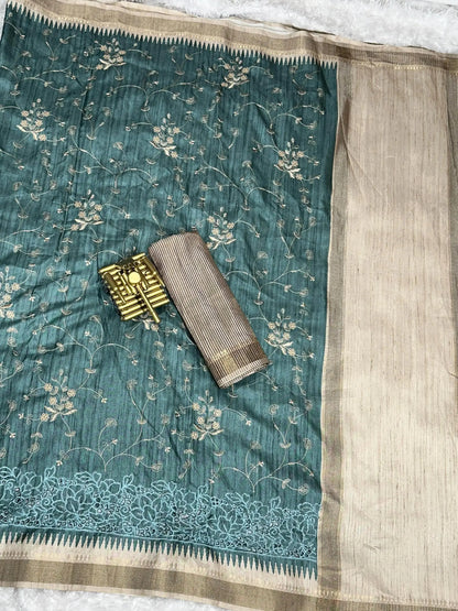 Stunning Tussar Cotton Saree with Embroidery & Zari Border - RPD Fashion