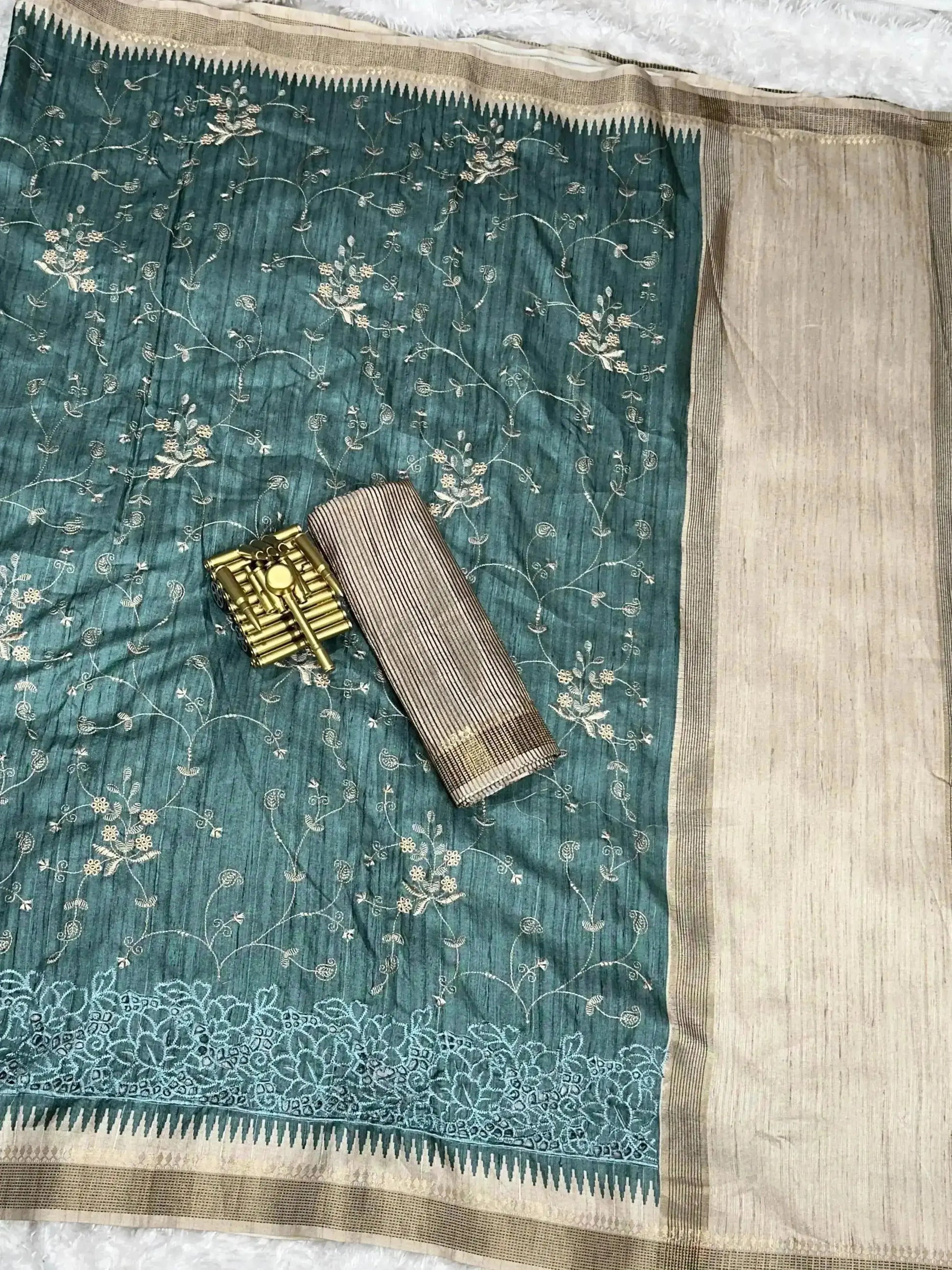 Stunning Tussar Cotton Saree with Embroidery & Zari Border - RPD Fashion