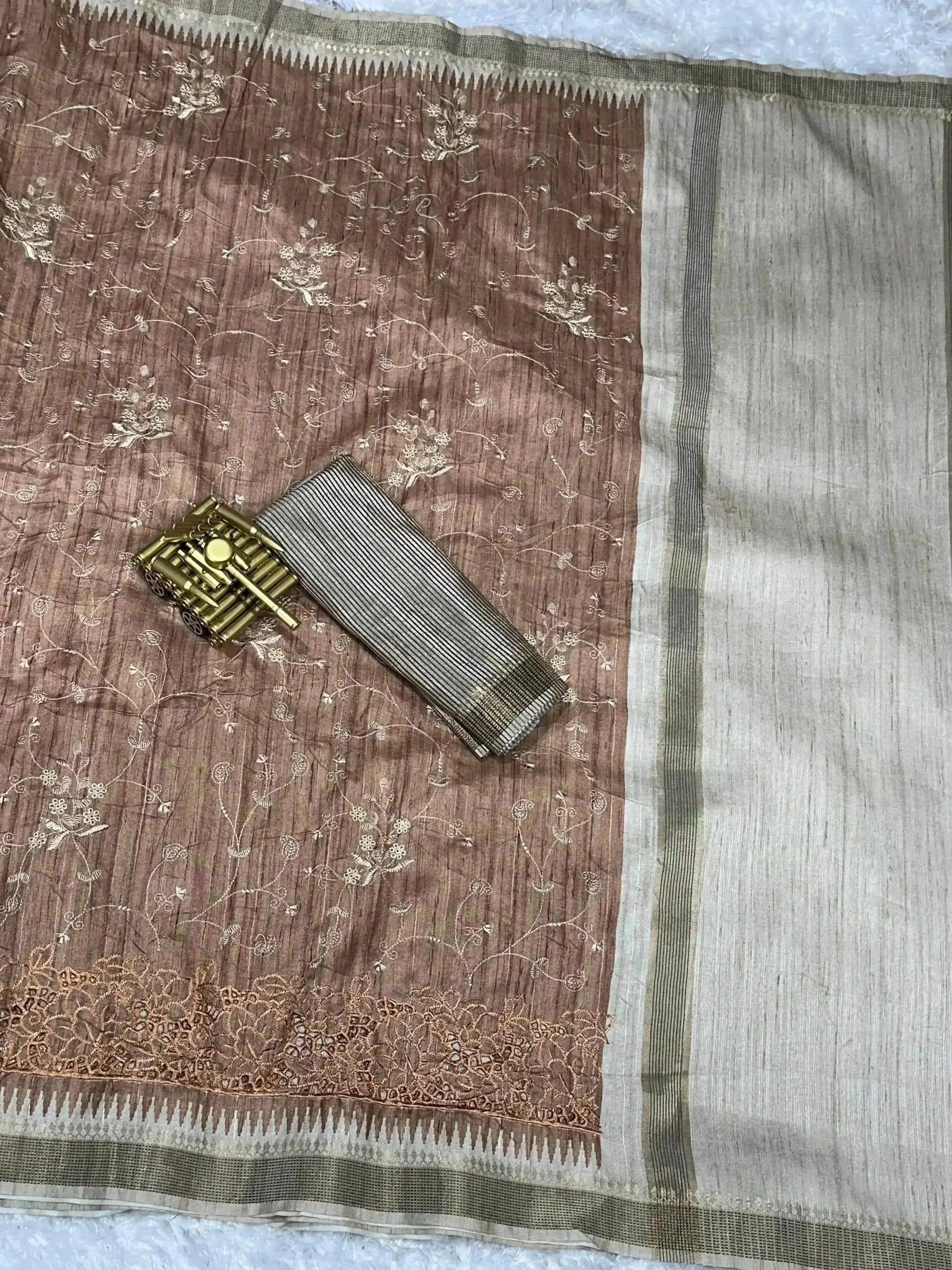 Stunning Tussar Cotton Saree with Embroidery & Zari Border - RPD Fashion