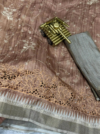 Stunning Tussar Cotton Saree with Embroidery & Zari Border - RPD Fashion
