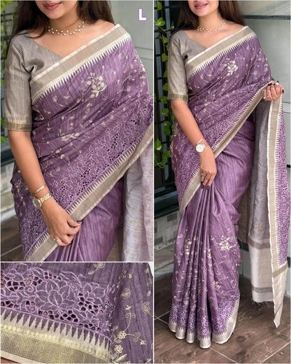 Stunning Tussar Cotton Saree with Embroidery & Zari Border - RPD Fashion