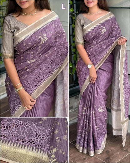 Stunning Tussar Cotton Saree with Embroidery & Zari Border - RPD Fashion