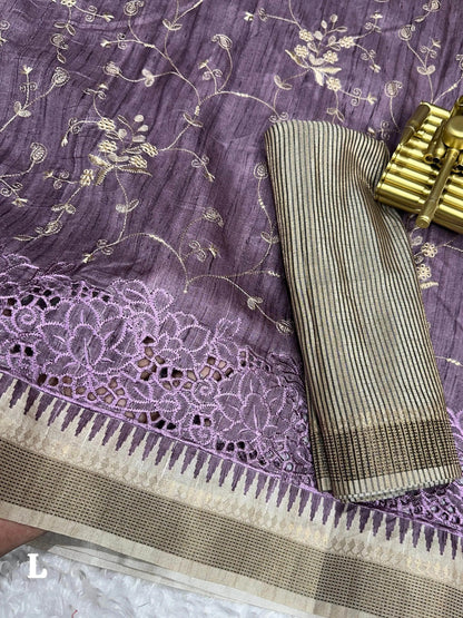 Stunning Tussar Cotton Saree with Embroidery & Zari Border - RPD Fashion