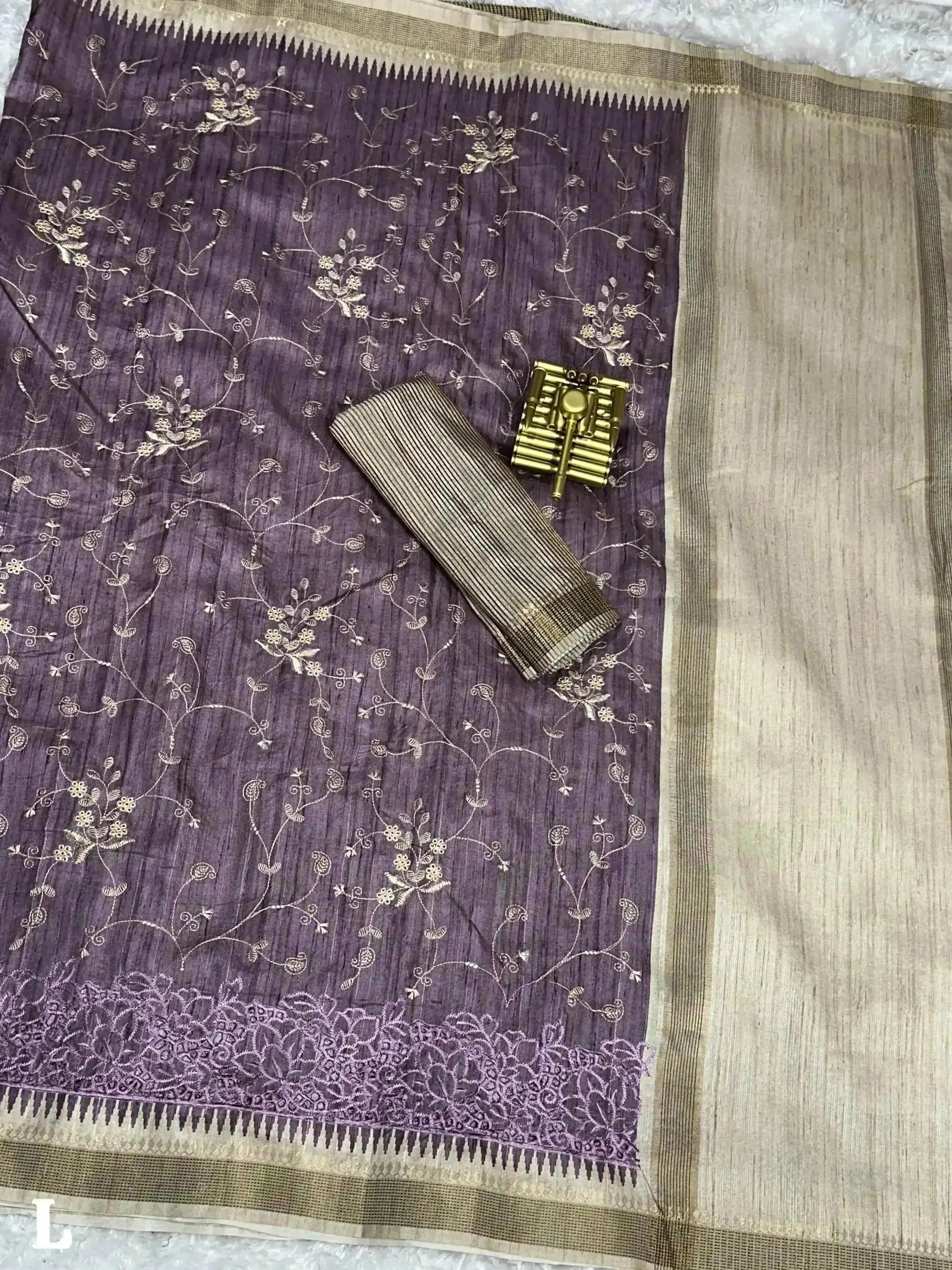 Stunning Tussar Cotton Saree with Embroidery & Zari Border - RPD Fashion