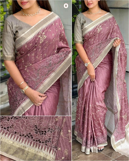 Stunning Tussar Cotton Saree with Embroidery & Zari Border - RPD Fashion