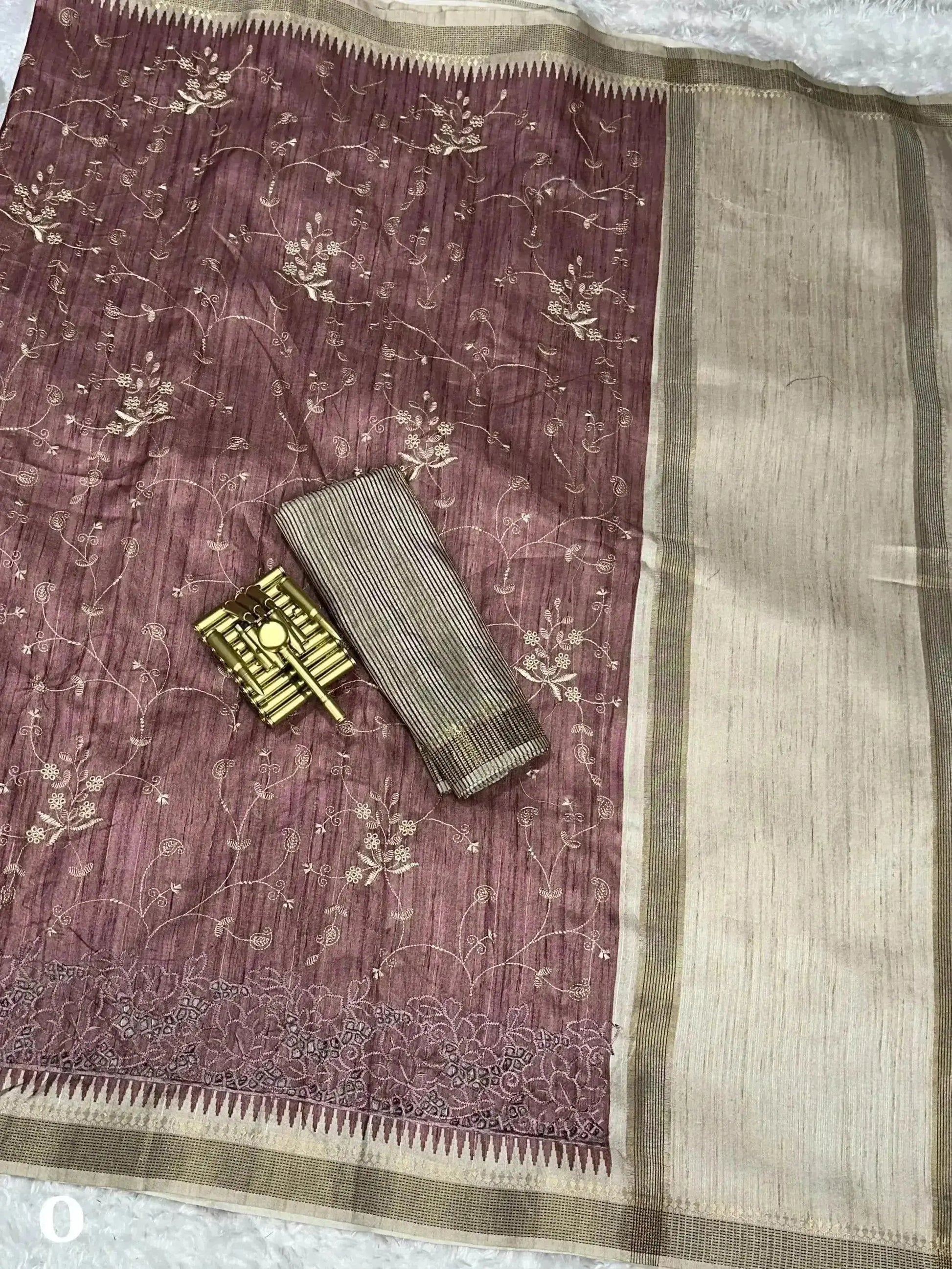 Stunning Tussar Cotton Saree with Embroidery & Zari Border - RPD Fashion