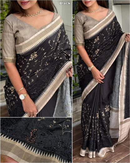 Stunning Tussar Cotton Saree with Embroidery & Zari Border - RPD Fashion
