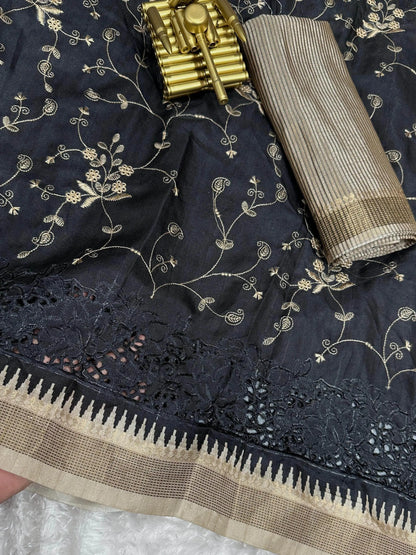 Stunning Tussar Cotton Saree with Embroidery & Zari Border - RPD Fashion