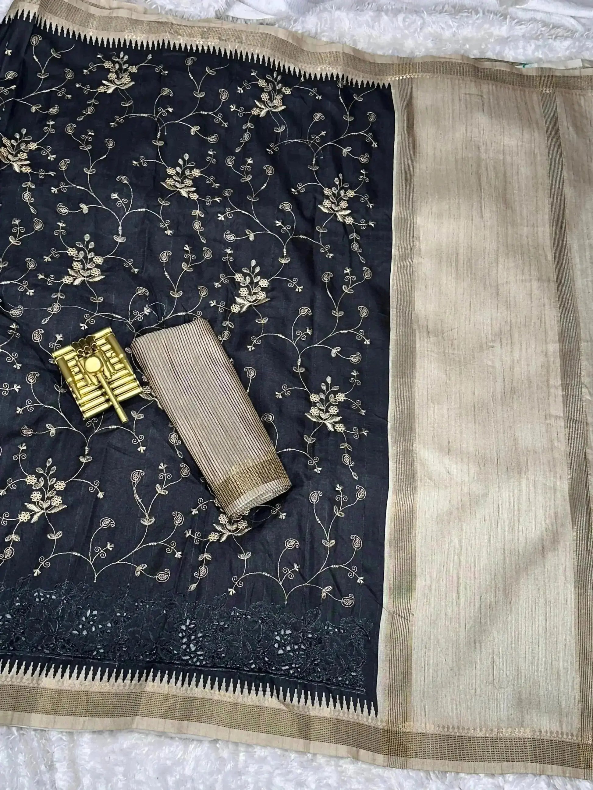 Stunning Tussar Cotton Saree with Embroidery & Zari Border - RPD Fashion