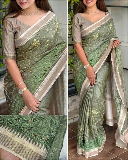 Stunning Tussar Cotton Saree with Embroidery & Zari Border - RPD Fashion