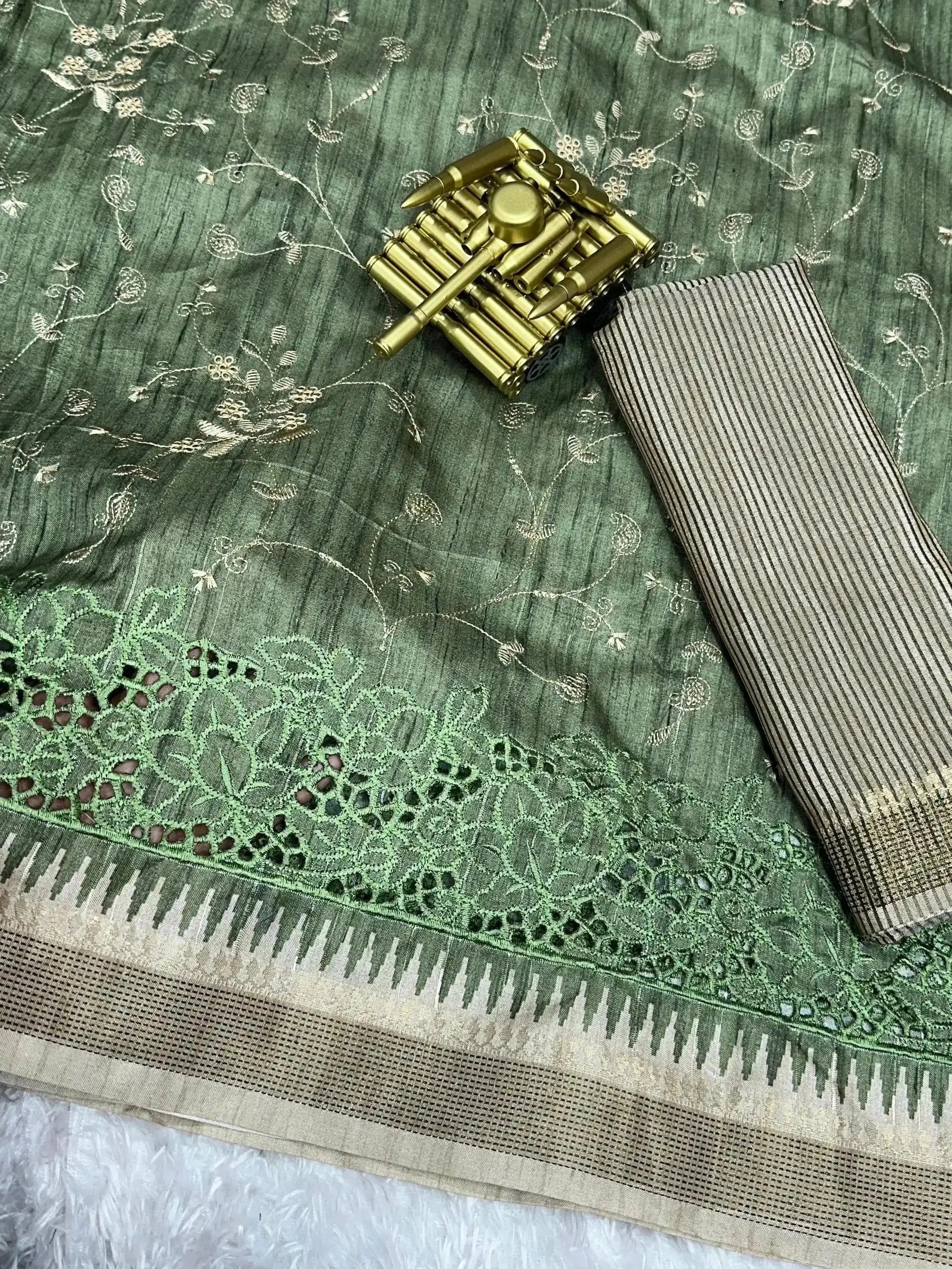 Stunning Tussar Cotton Saree with Embroidery & Zari Border - RPD Fashion