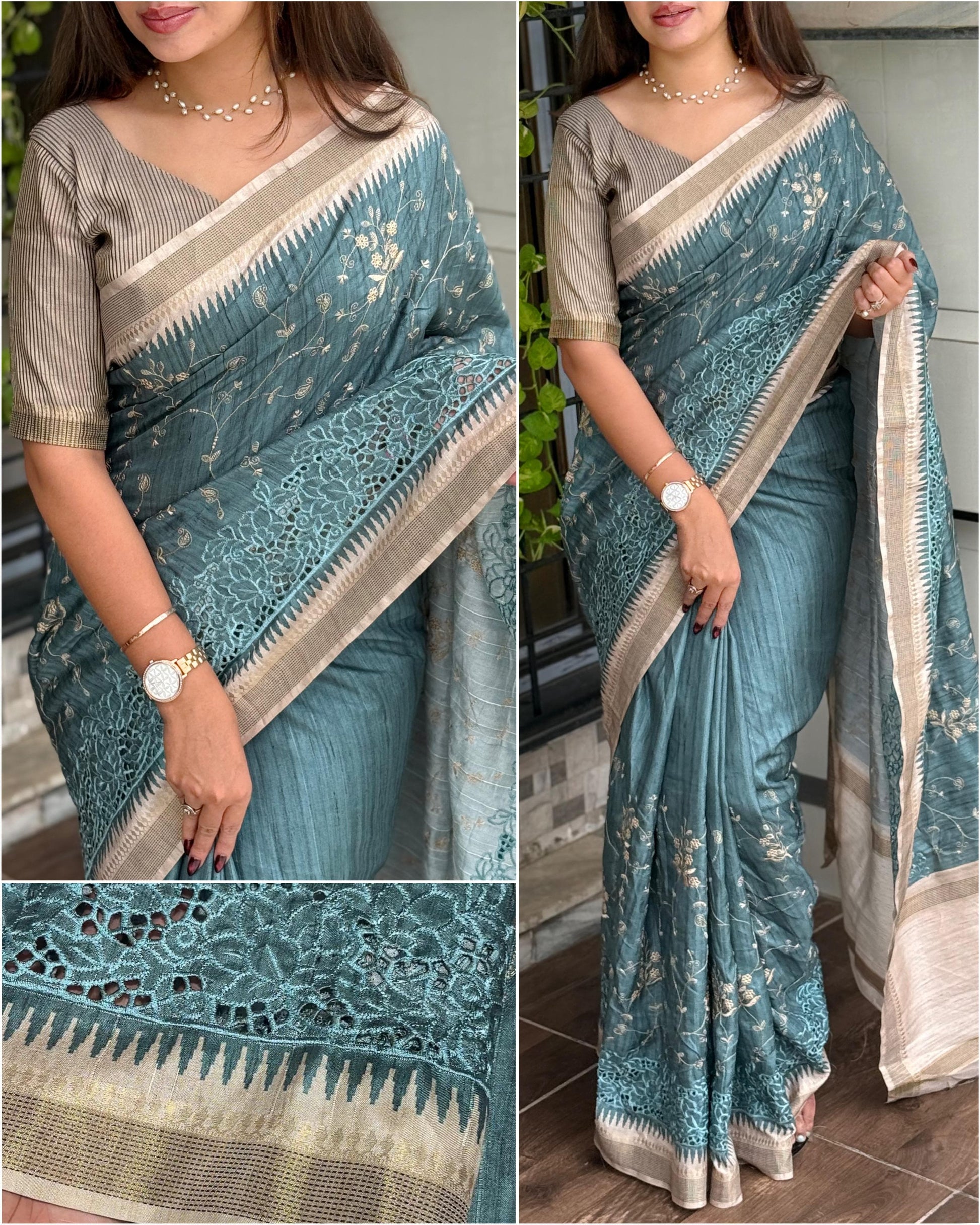 Stunning Tussar Cotton Saree with Embroidery & Zari Border - Rpd Fashion