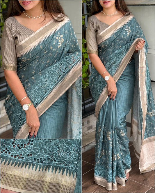 Stunning Tussar Cotton Saree with Embroidery & Zari Border - Rpd Fashion