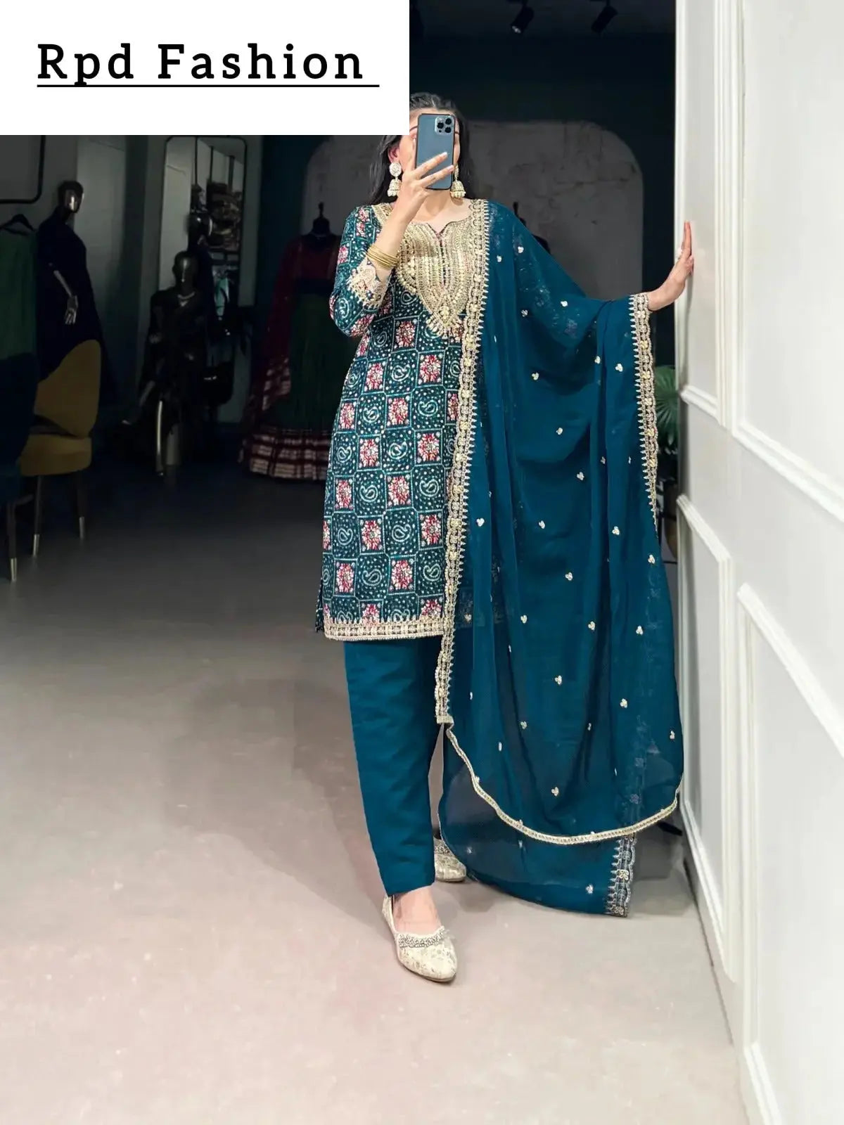 teal color printed with sequins and thread embroidery work rayon salwar suit - rpd fashion