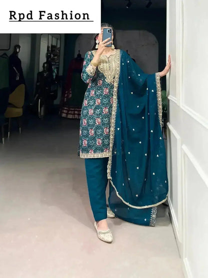 Teal Color Printed With Sequins And Thread Embroidery Work Rayon Salwar Suit - RPD Fashion