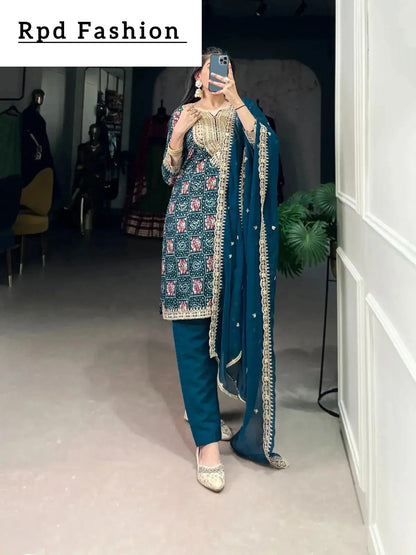 Teal Color Printed With Sequins And Thread Embroidery Work Rayon Salwar Suit - RPD Fashion