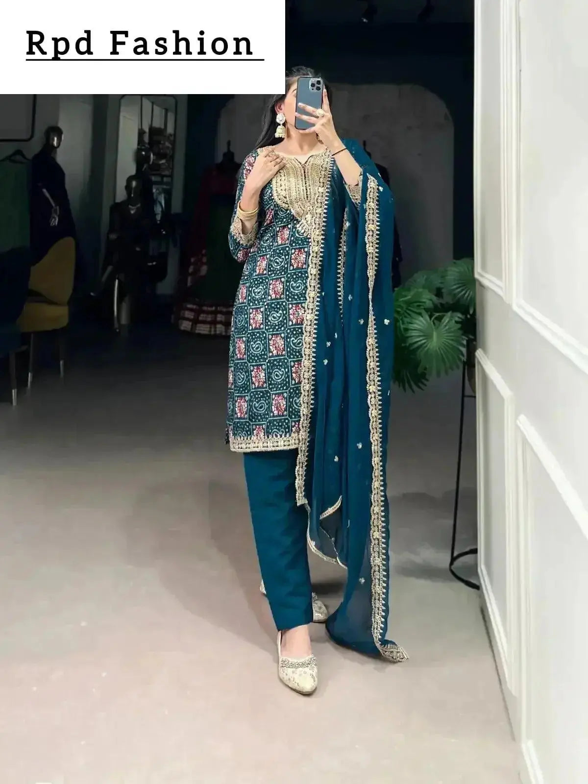 teal color printed with sequins and thread embroidery work rayon salwar suit - rpd fashion