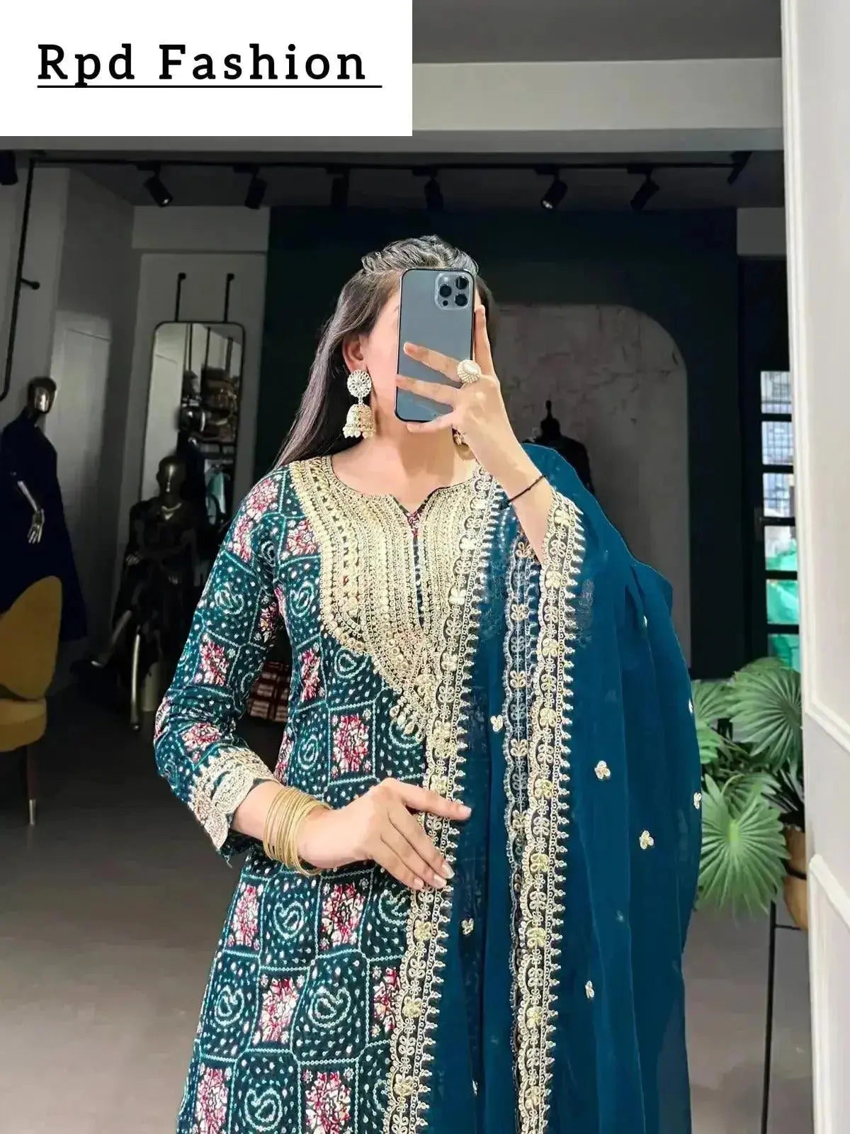teal color printed with sequins and thread embroidery work rayon salwar suit - rpd fashion