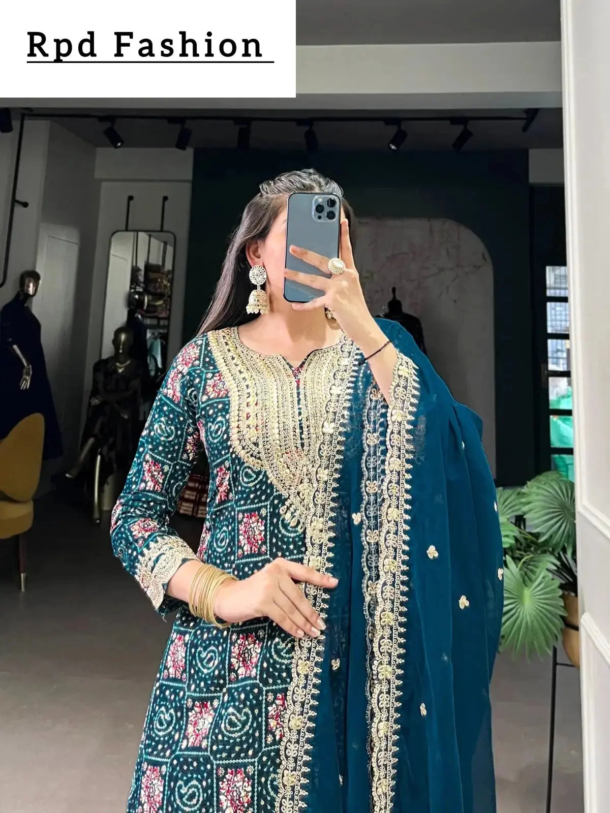 Teal Color Printed With Sequins And Thread Embroidery Work Rayon Salwar Suit - RPD Fashion