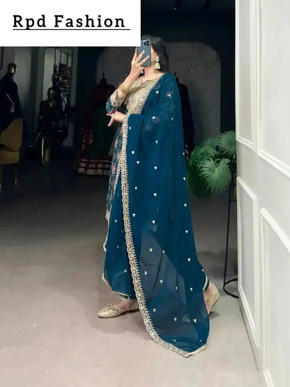 Teal Color Printed With Sequins And Thread Embroidery Work Rayon Salwar Suit - RPD Fashion