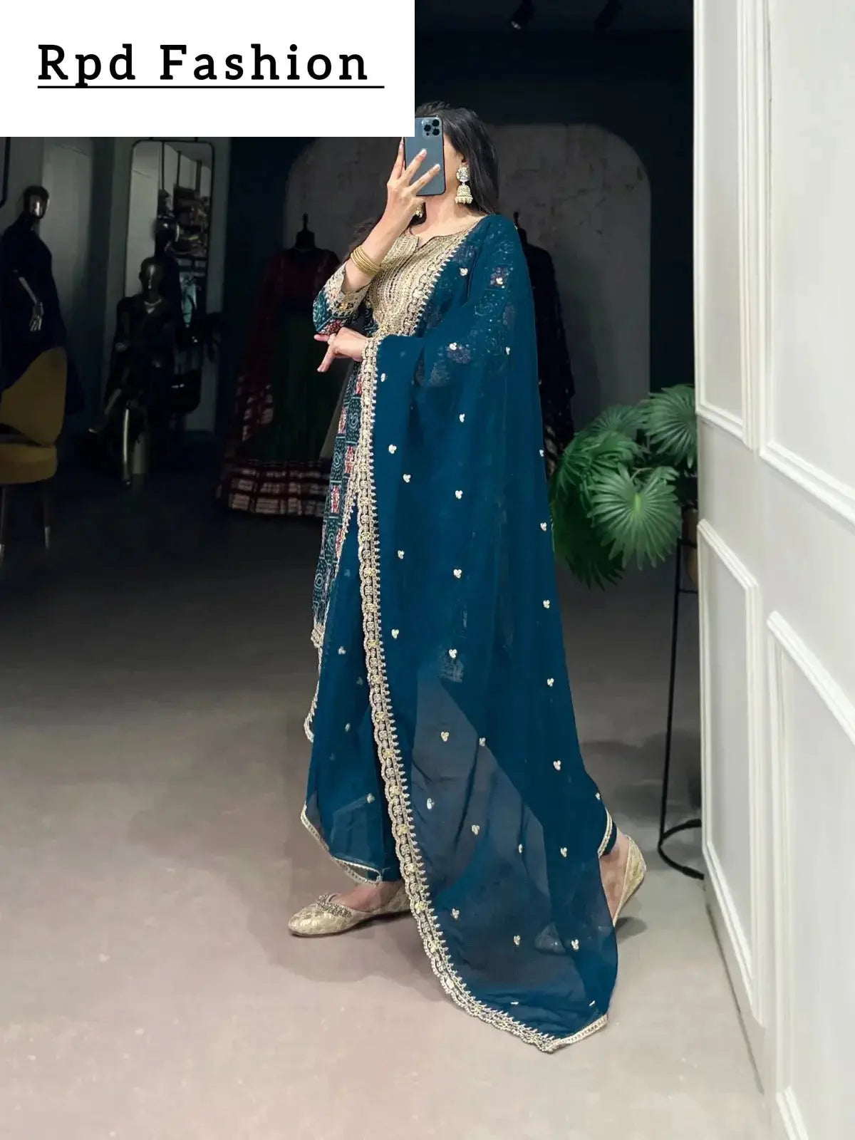 teal color printed with sequins and thread embroidery work rayon salwar suit - rpd fashion