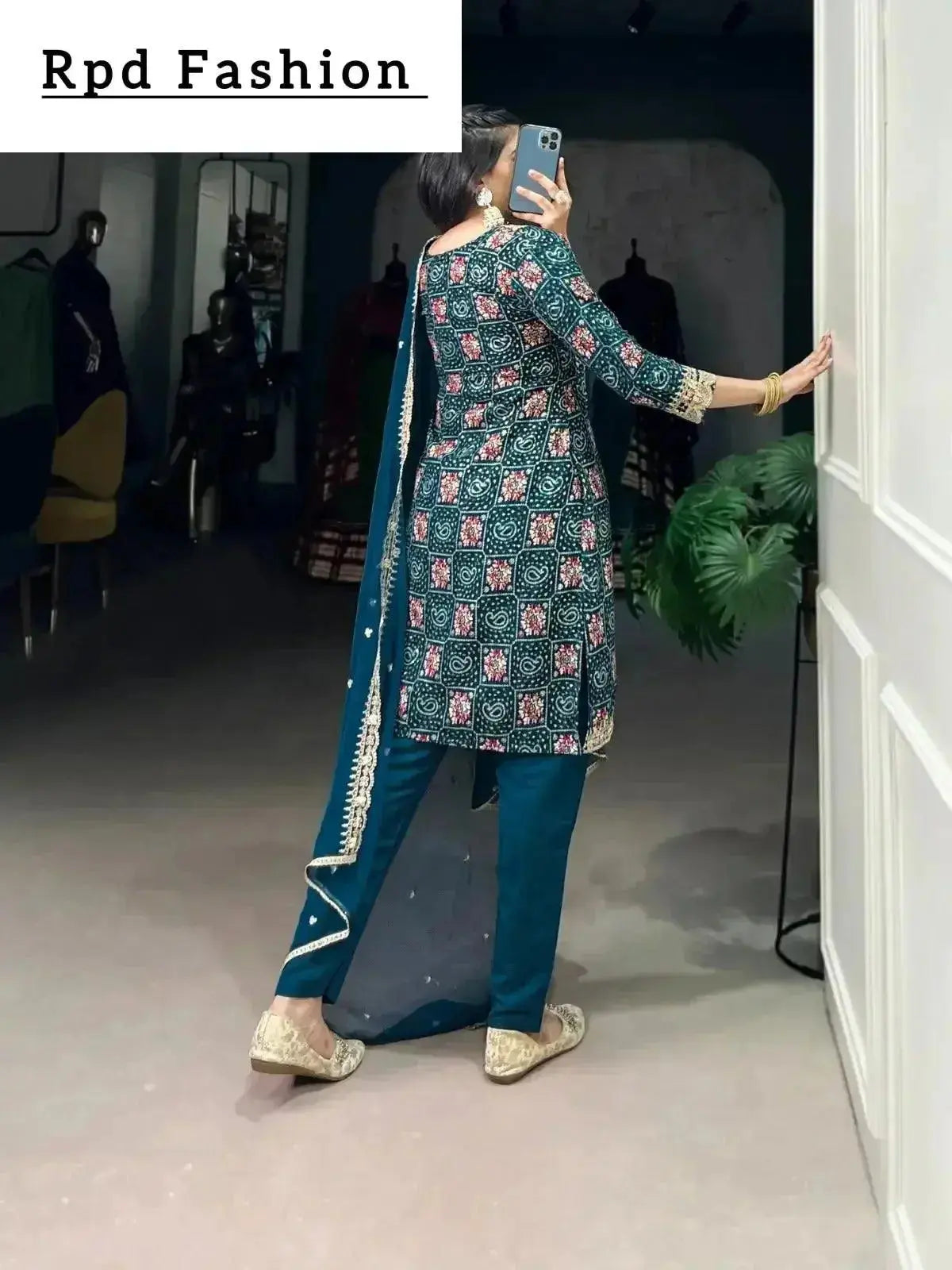 Teal Color Printed With Sequins And Thread Embroidery Work Rayon Salwar Suit - RPD Fashion