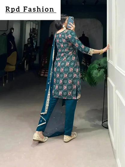 Teal Color Printed With Sequins And Thread Embroidery Work Rayon Salwar Suit - RPD Fashion